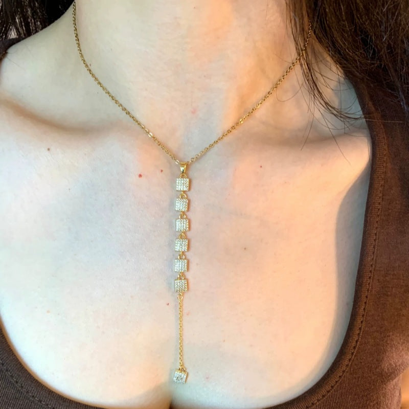 Bohemian Tassel Necklace For Women With Gold Mixed Materials And Rhinestones On Micro Super Whisper Thin Chain