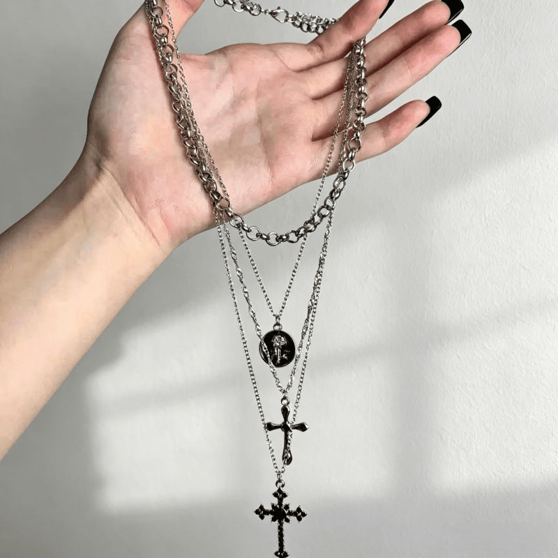 Vintage Style Handmade Cross Layered Necklaces For Women With Alloy Pendant, Mixed Materials Design