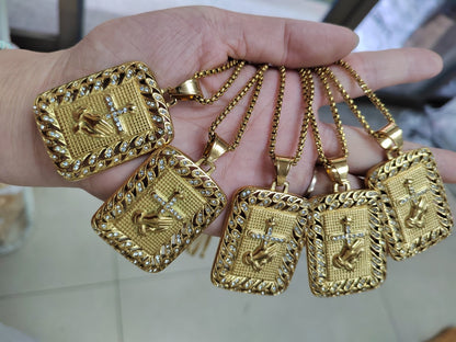 Hip-Hop Hand Pendant In Gold Titanium Steel With Rhinestones, Waterproof Non Tarnish