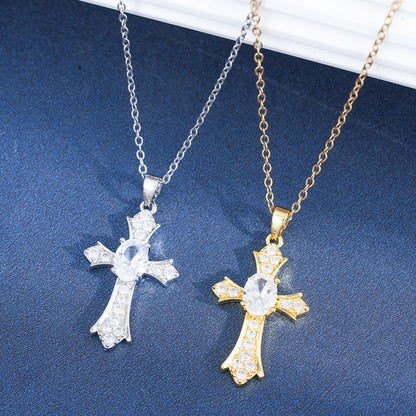 Unisex Cross Pendant Necklace With Zircon Inlay, 18K Real Gold Plated Copper, PVD Coated, Featuring Cable Chain