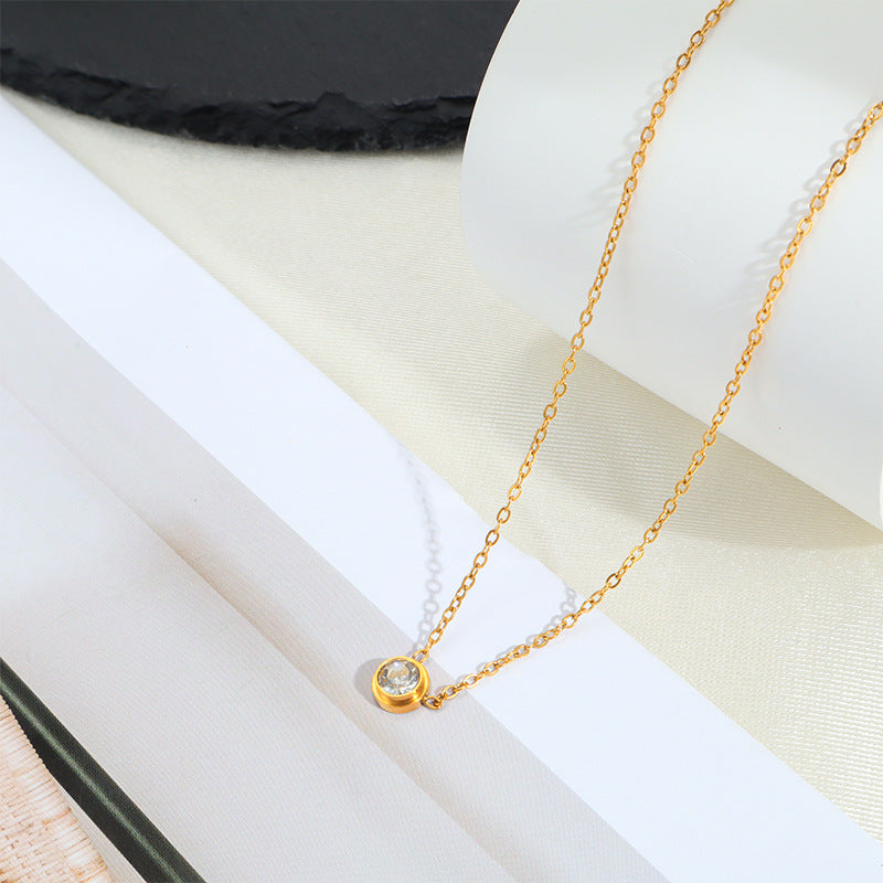 Sweet Geometric Pendant Necklace In Titanium Steel With 18K Real Gold Plated PVD Coating And Zircon Inlay, Waterproof Non Tarnish