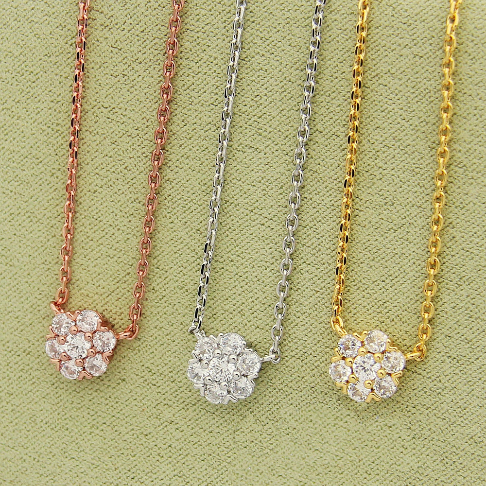 Sweet Flowers Necklace In Silver Copper With Rhinestone Inlay, Elegant Floral Design Jewelry