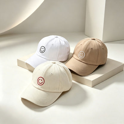 Retro Women’s Breathable Baseball Cap With Curved Brim Featuring Embroidered Smiley Face Design In Cotton