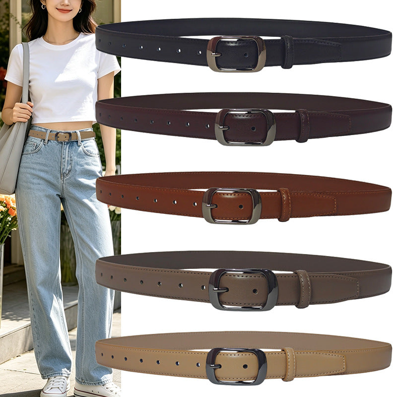 Women's Genuine Leather Geometric Belt With Alloy Pin Buckle, Stylish Commute Accessory