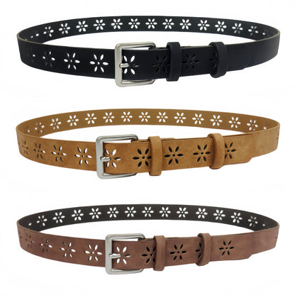 Original Design Women’s PU Leather Belt With Frosted Surface Featuring Alloy Pin Buckle And Floral Pattern