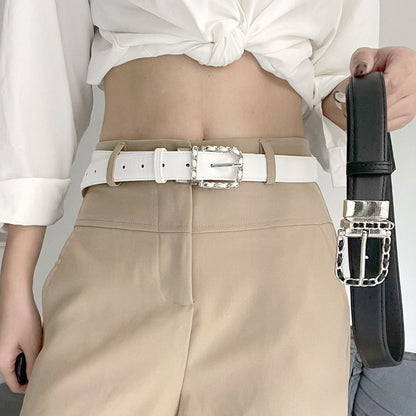 Commute Style PU Leather Belt With Braided Surface Finish Featuring Alloy Pin Buckle And Floral Pattern
