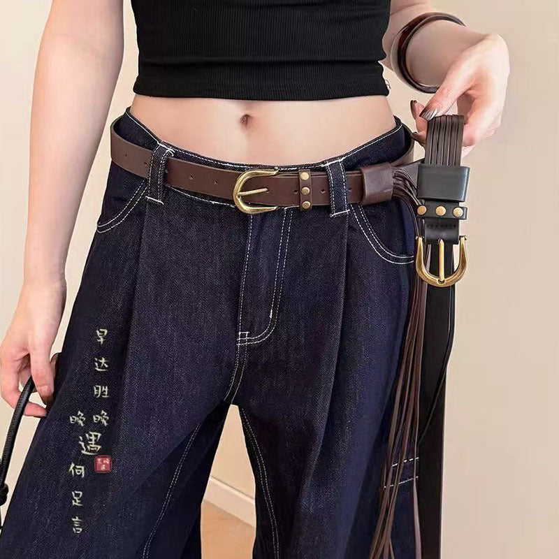 Retro Women’s Pu Leather Belt With Tassel And Pin Buckle In Brown