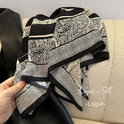 Women's Simple Style Silk Scarf In Black & White, Perfect For Summer