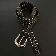 Black Leather Leopard Print Double Row Rivet Belt
