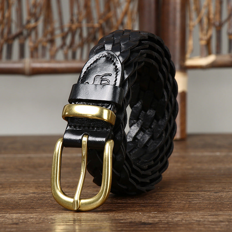 Women’s Genuine Leather Braided Belt With Alloy Pin Buckle In Coffer Color