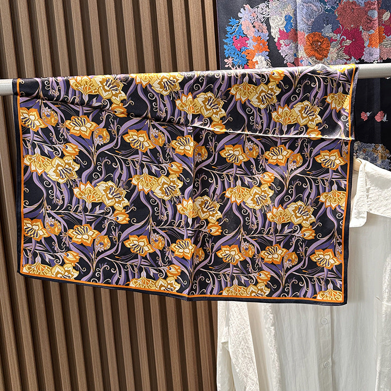 Silk Bandana With Flowers Pattern In Purple, Perfect For Summer