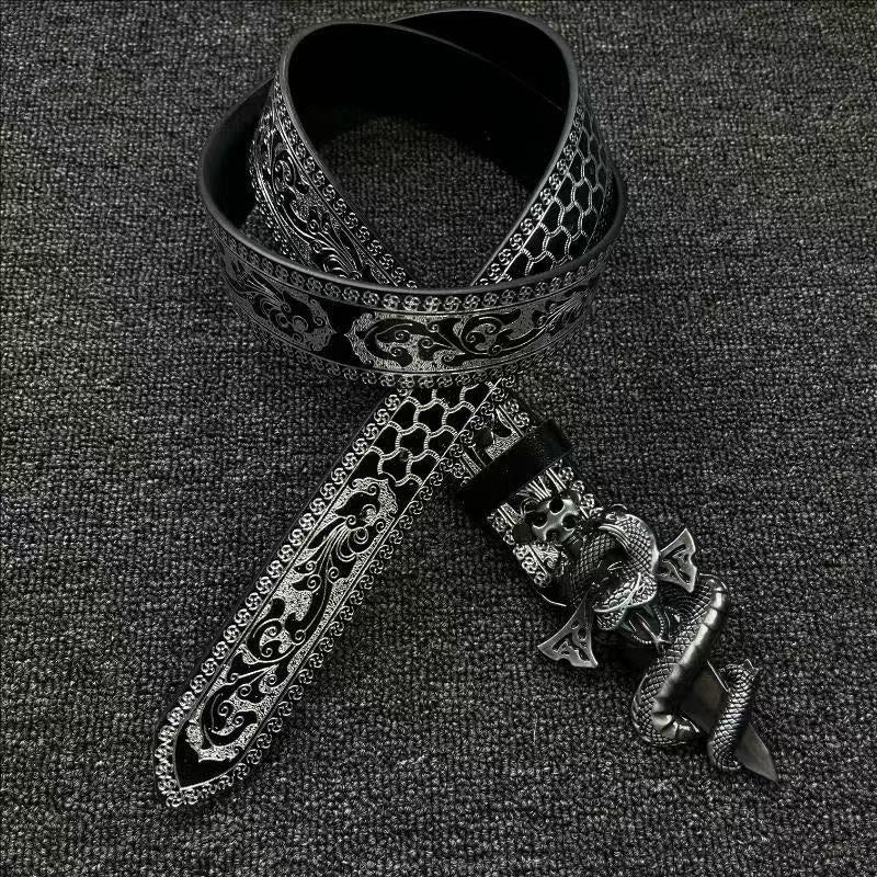 Unisex Punk Snake Pattern Belt With Zinc Alloy Embossed Buckle And Synthetic Fibre Embossing Surface Finish