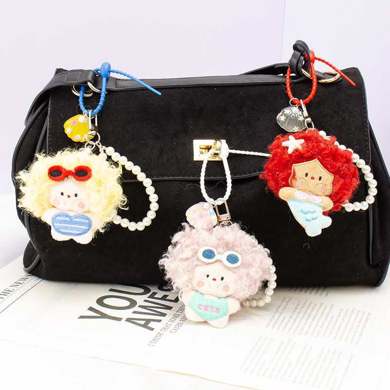 Sweet Plush Pearl Bag Pendant With Shell Inlay, Charming Accessory For Bags
