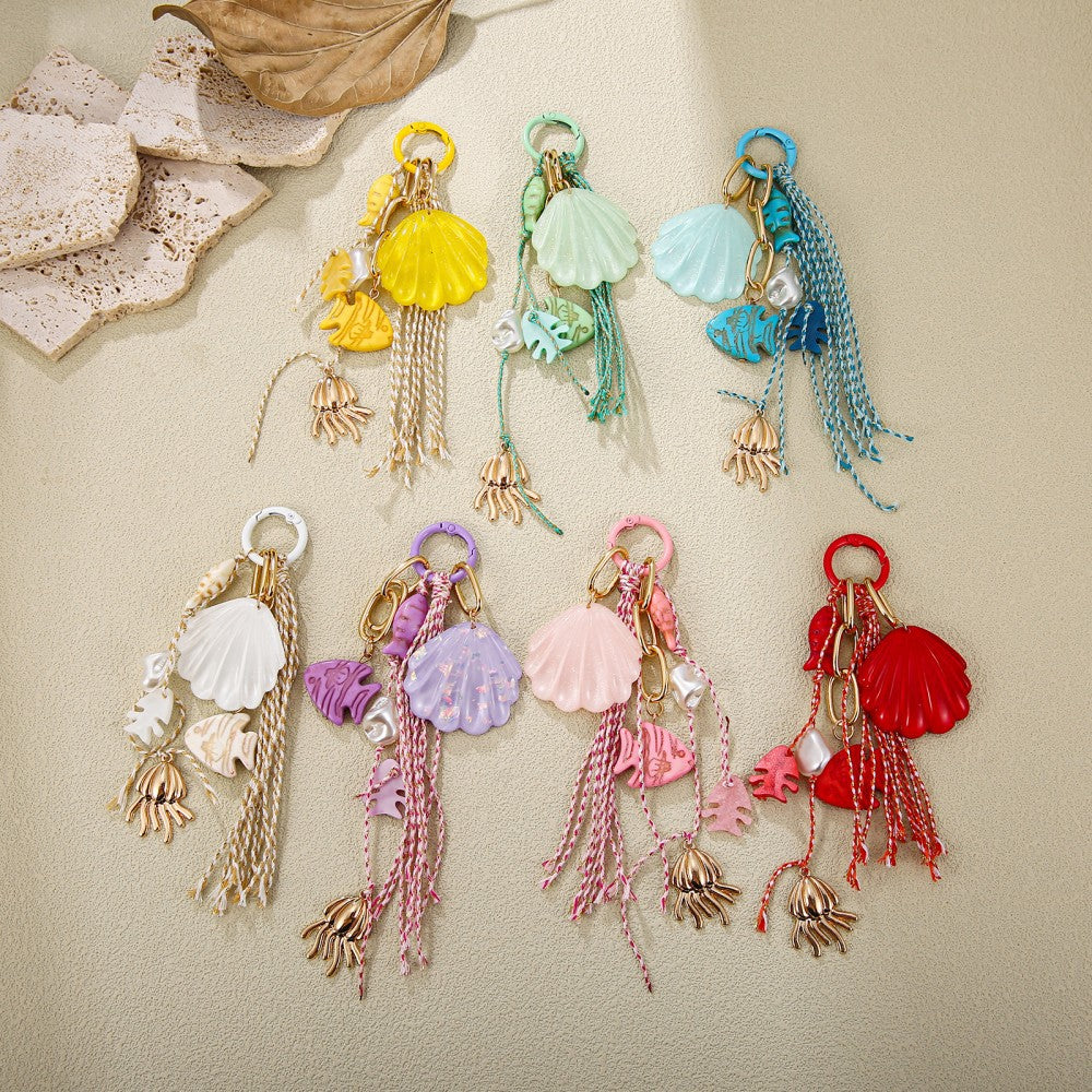Ocean Tassel Bag Pendant In White, Acrylic Material With Marine Style, Perfect For Spring And Summer