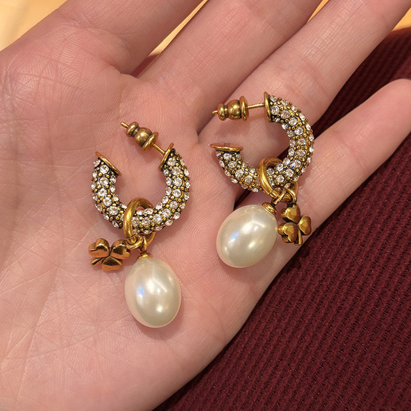 Lucky Heart Retro Earrings For Women In Copper With Rhinestones Featuring 925 Sterling Silver Ear Pins