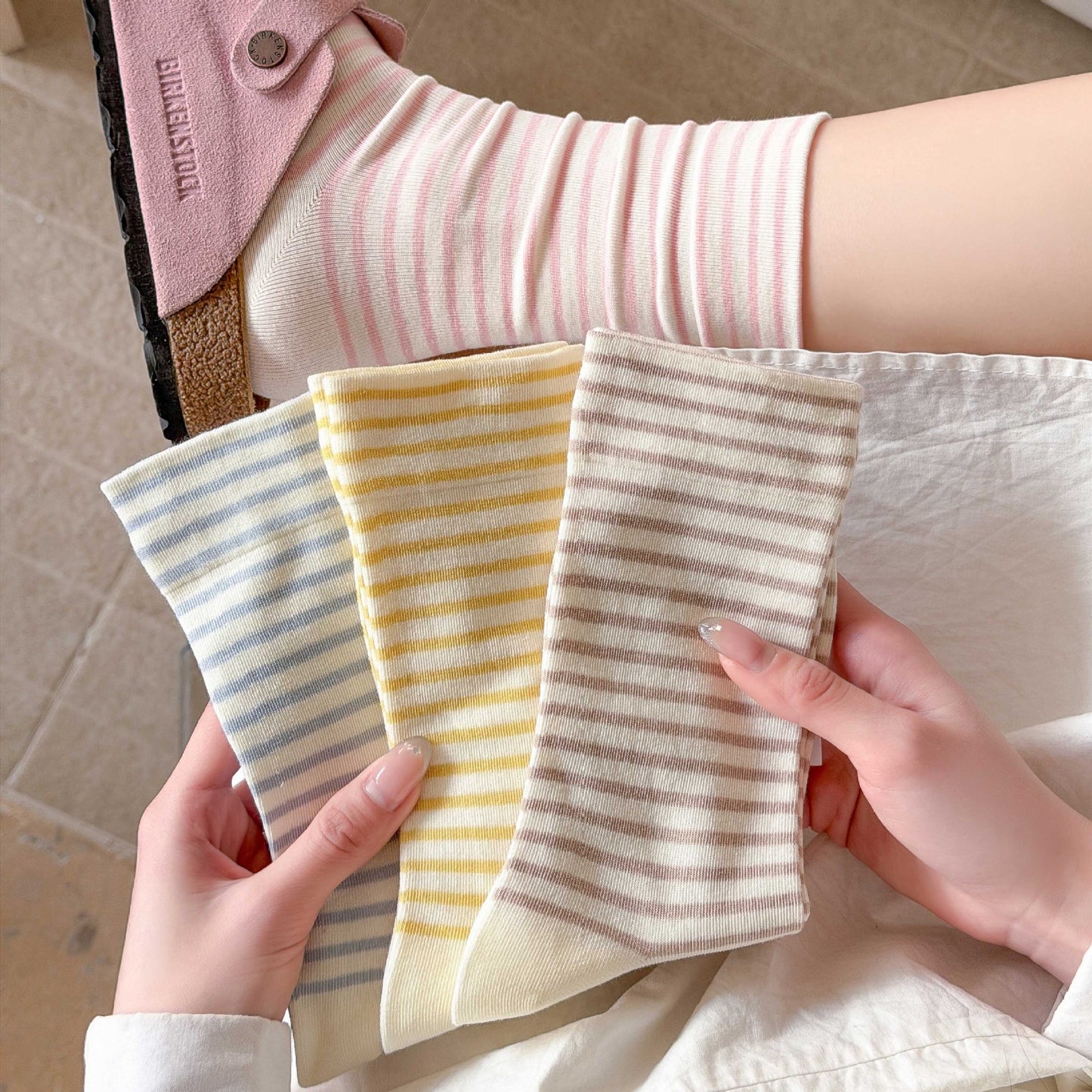 Simple Style Stripe Cotton Socks For Women In Natural Pink, Perfect For Summer Sports And Casual Wear
