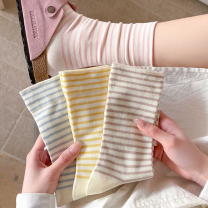 Simple Style Stripe Cotton Socks For Women In Natural Pink, Perfect For Summer Sports And Casual Wear
