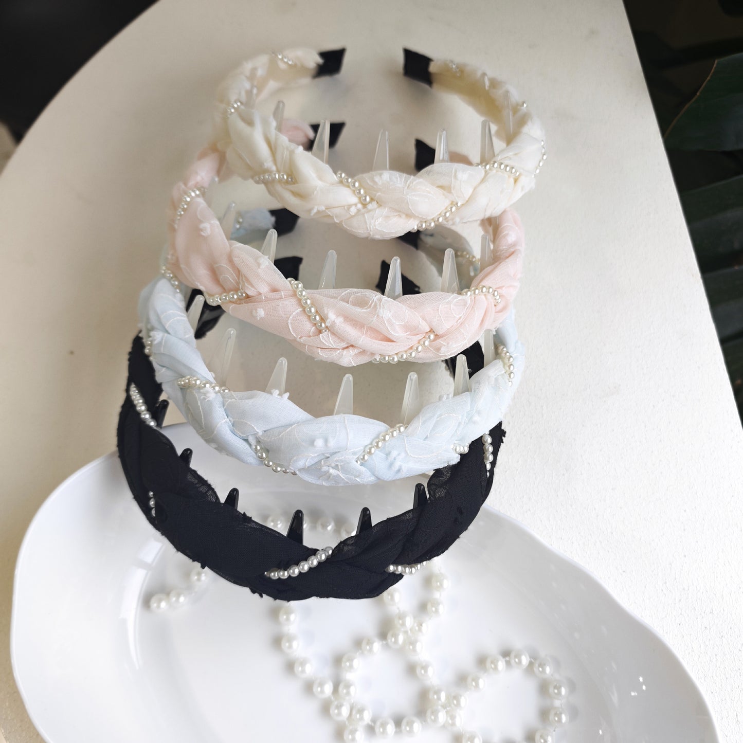 Pearl Jewelry Headband For Women In Blue Chiffon, Perfect For Spring & Summer
