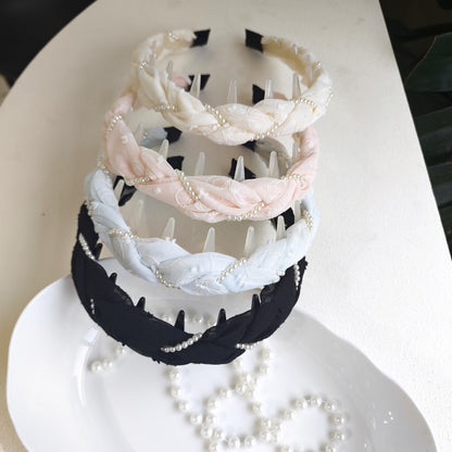 Pearl Jewelry Headband For Women In Blue Chiffon, Perfect For Spring & Summer