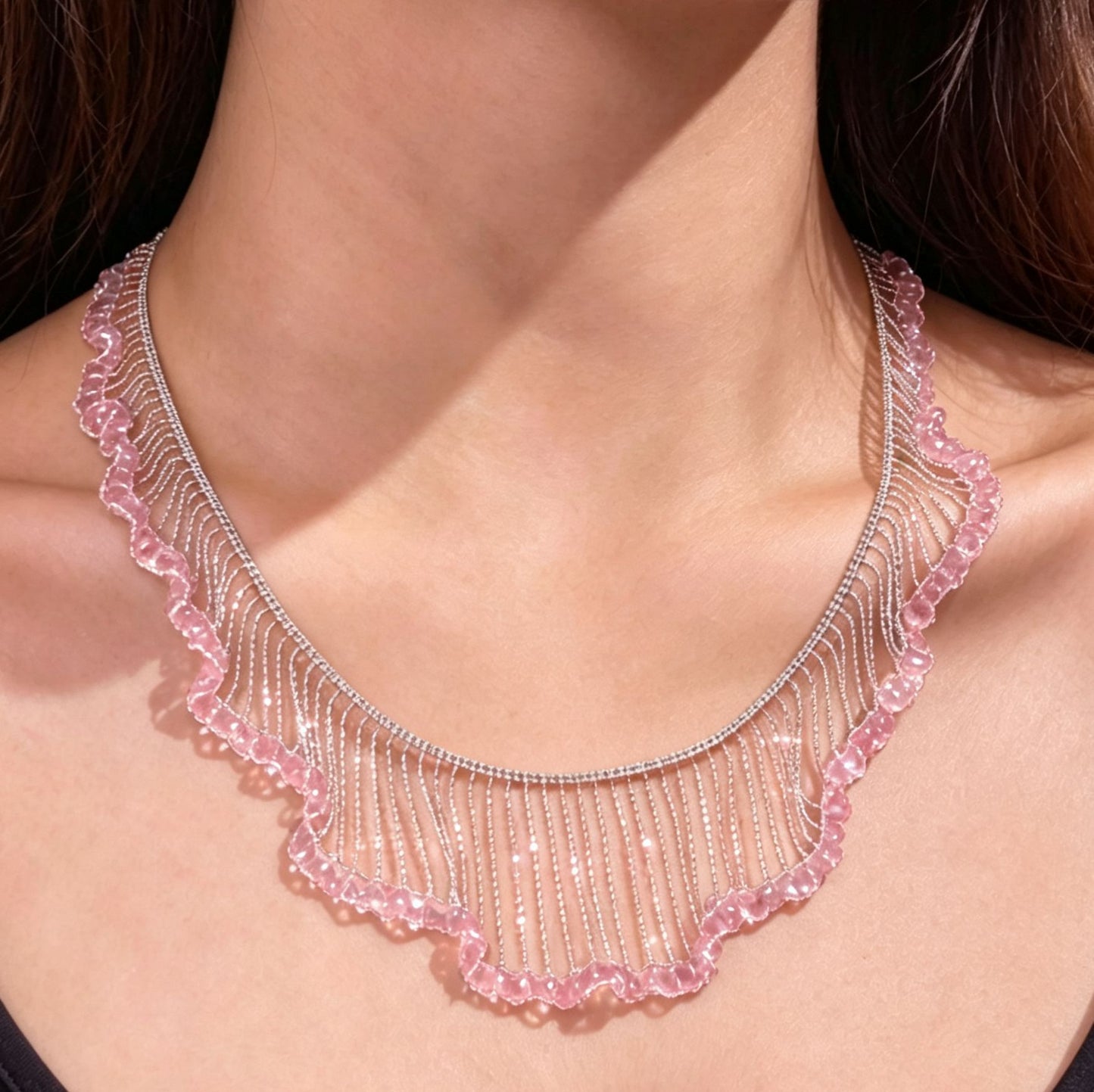 Sweet Silver Lace Braid Necklace For Women In Copper With Beads Inlay