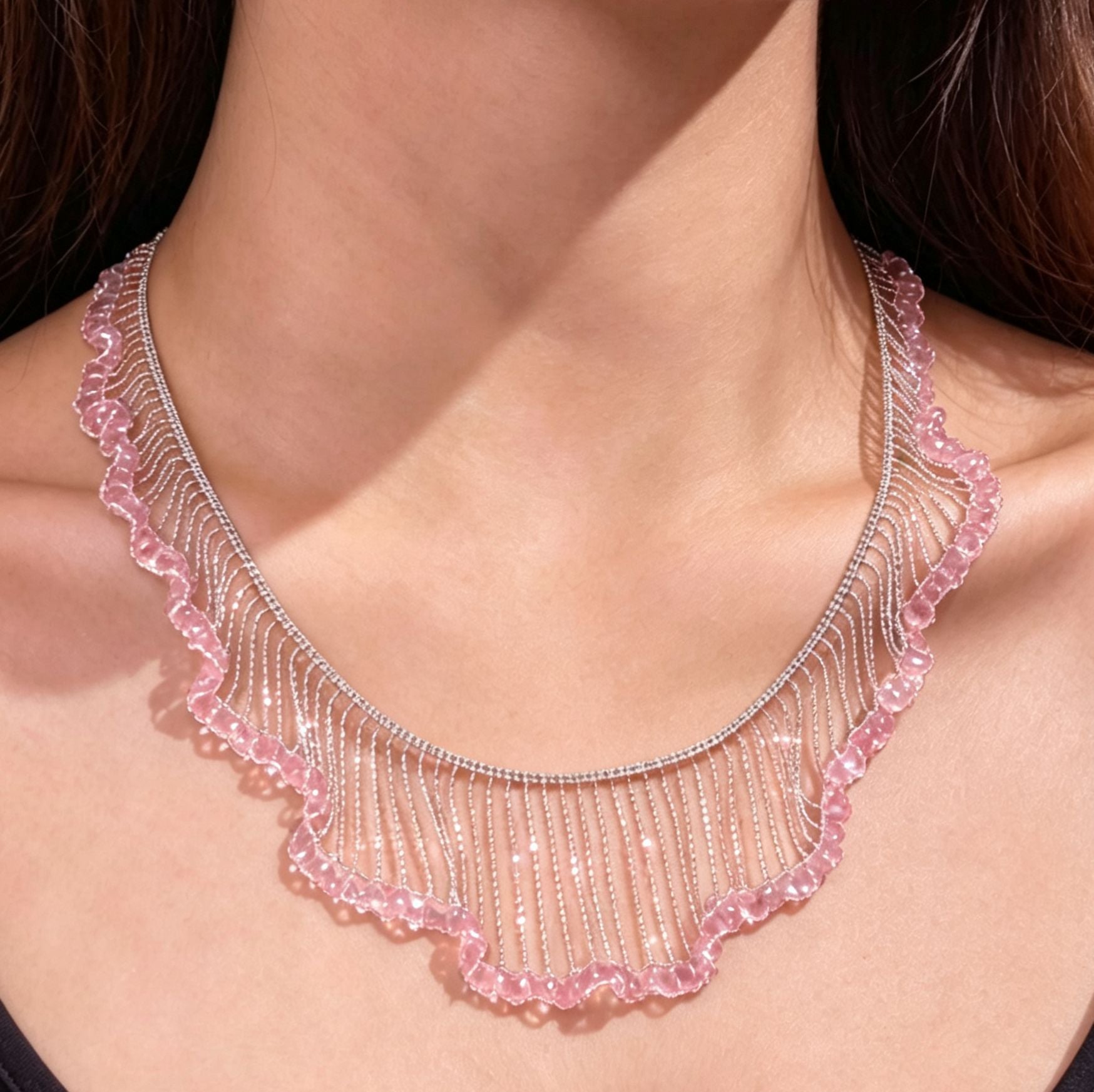 Sweet Silver Lace Braid Necklace For Women In Copper With Beads Inlay