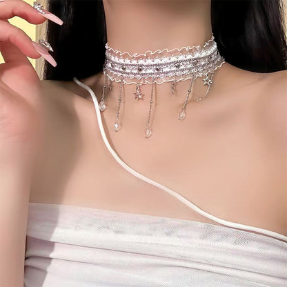 Punk Style White Star Tassel Choker Necklace For Women Featuring Copper Pendant Material