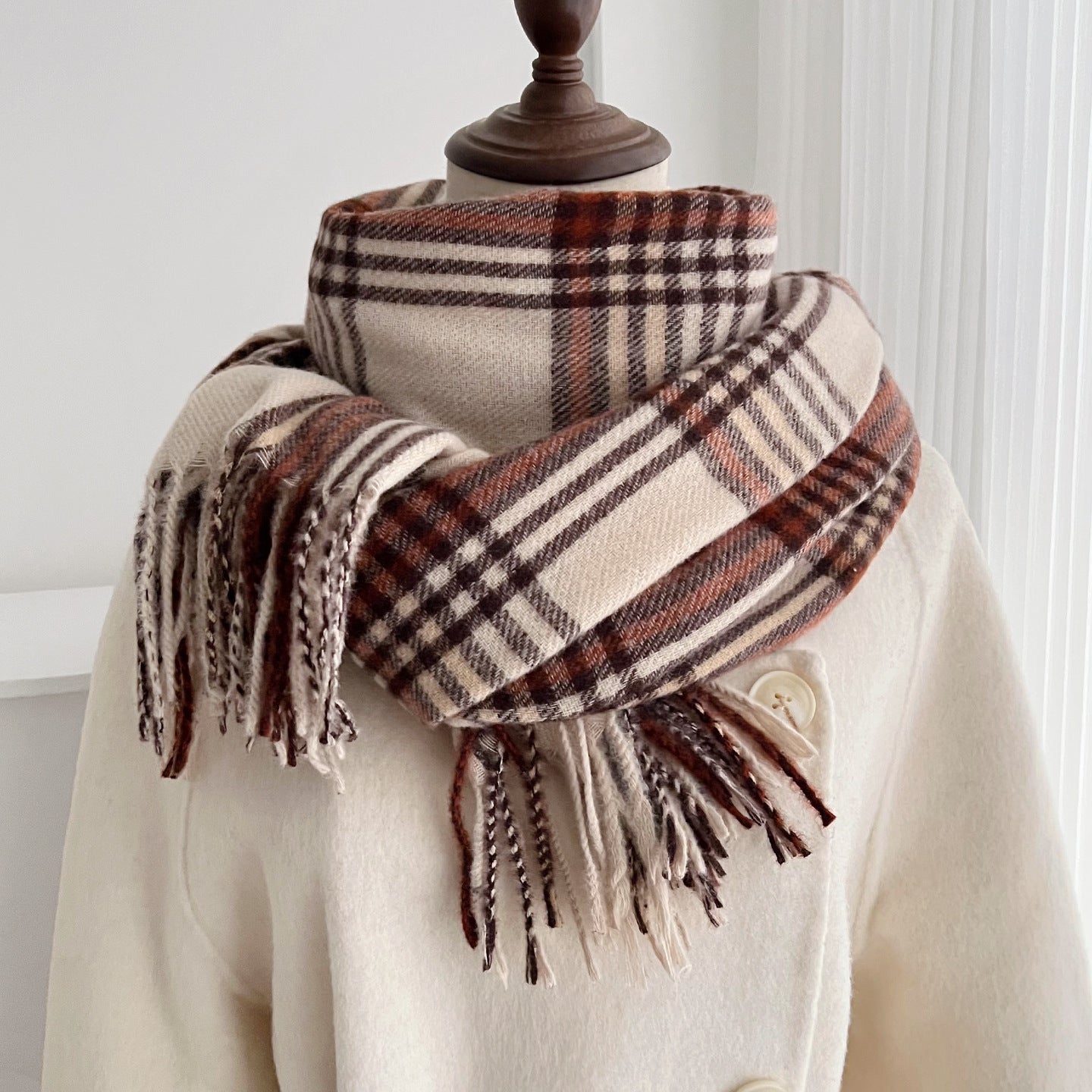 Plaid Scarf For Women In Imitation Cashmere, Beige Color, Perfect For Autumn Season