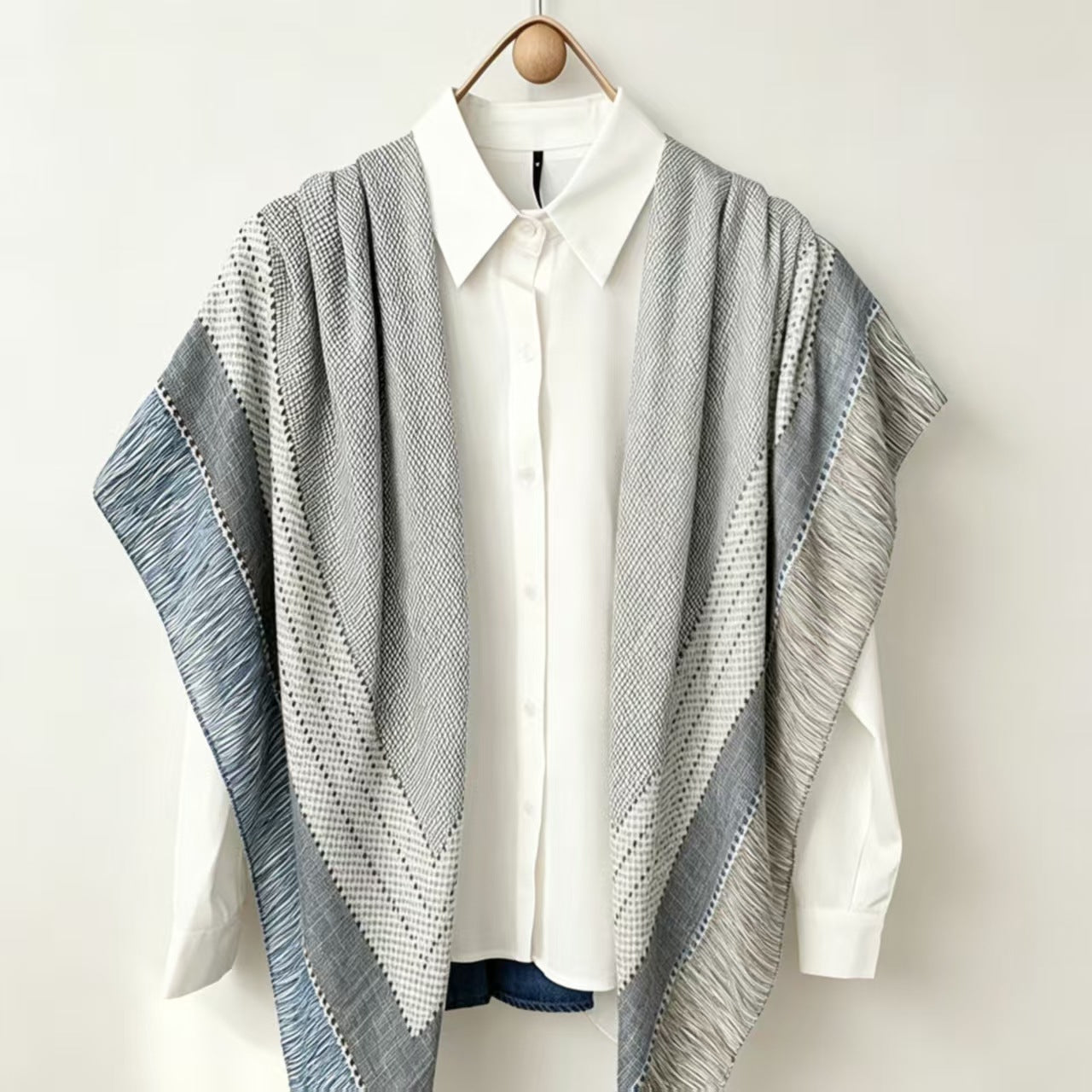 Women's Blue & Grey Lattice Polyester Shawl, Perfect For Spring Accessories