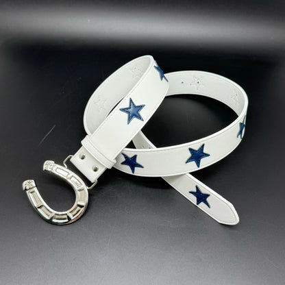 Punk Color Block Belt In White & Blue With Alloy Snap Buckle, Made Of PU Leather