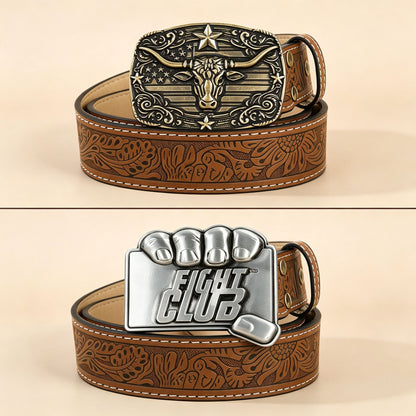 Retro Unisex Fashion Belt With Smooth Alloy Buckle, Embossed PU Leather Featuring Cattle Pattern