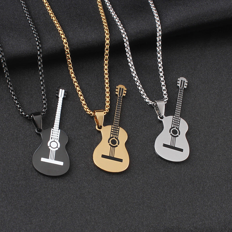 Guitar Pendant Necklace In 304 Stainless Steel Featuring Hip-Hop Style For Unisex Wear, Available In Steel Color