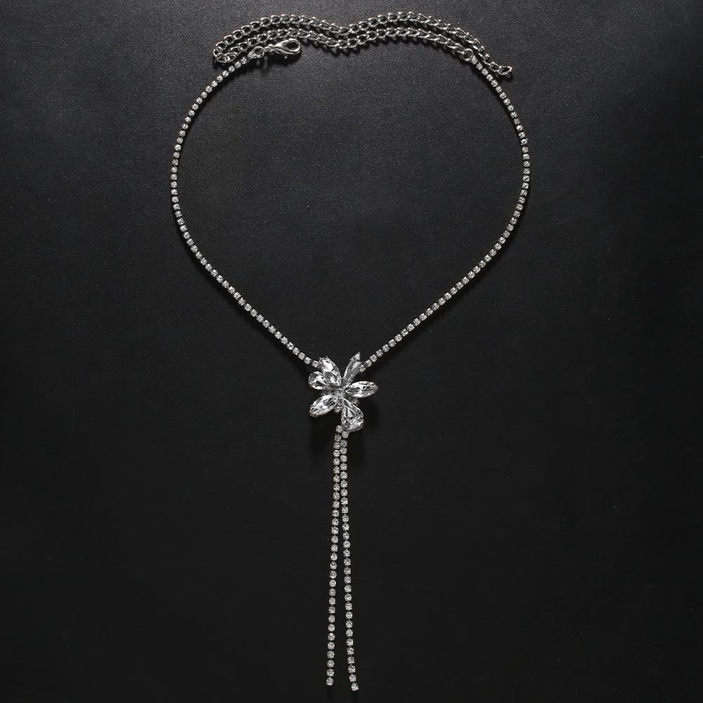 Silver Irregular Long Necklace With Alloy Tassel Pendant And Rhinestone Inlay For Women