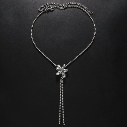 Silver Irregular Long Necklace With Alloy Tassel Pendant And Rhinestone Inlay For Women