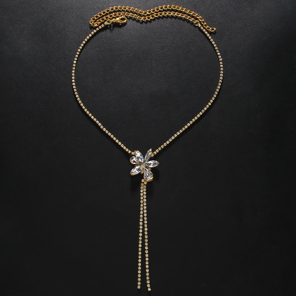 Silver Irregular Long Necklace With Alloy Tassel Pendant And Rhinestone Inlay For Women