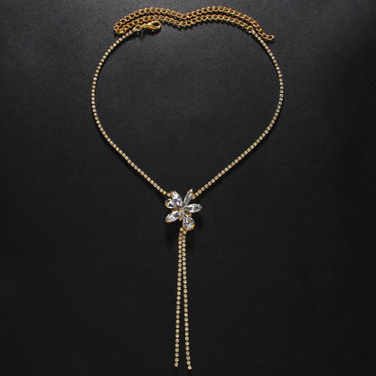 Silver Irregular Long Necklace With Alloy Tassel Pendant And Rhinestone Inlay For Women