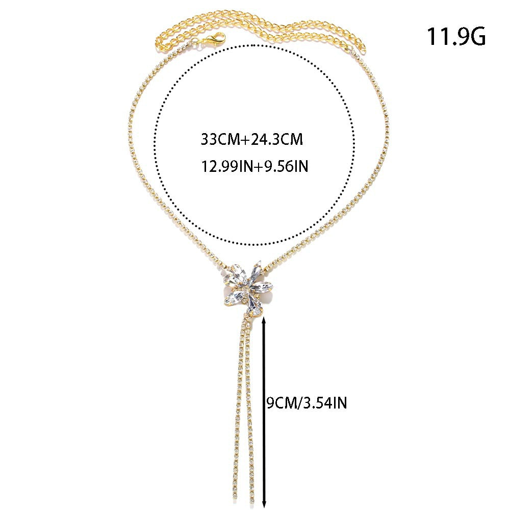 Silver Irregular Long Necklace With Alloy Tassel Pendant And Rhinestone Inlay For Women
