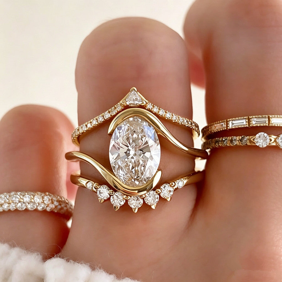 Oval Gold Rings For Women 3 Pieces Set In Zinc Alloy With Twist Craft And Rhinestone Inlay