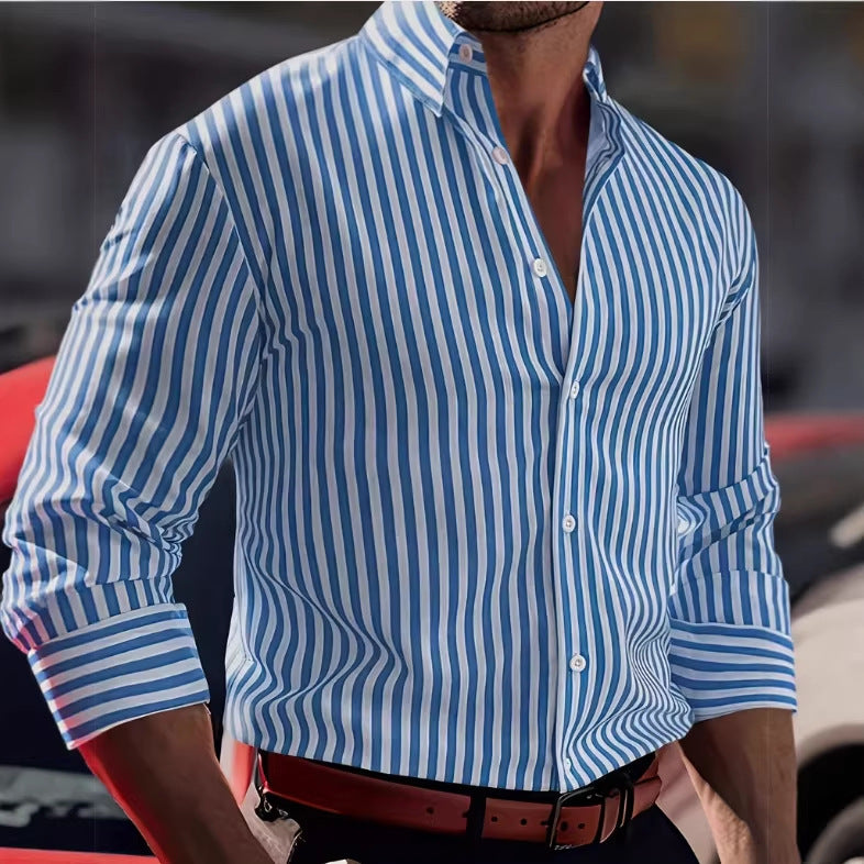 Stripe Business Long Sleeve Men's Shirt In 4-Way Stretch Fabric With Lapel Collar, Suitable For Summer