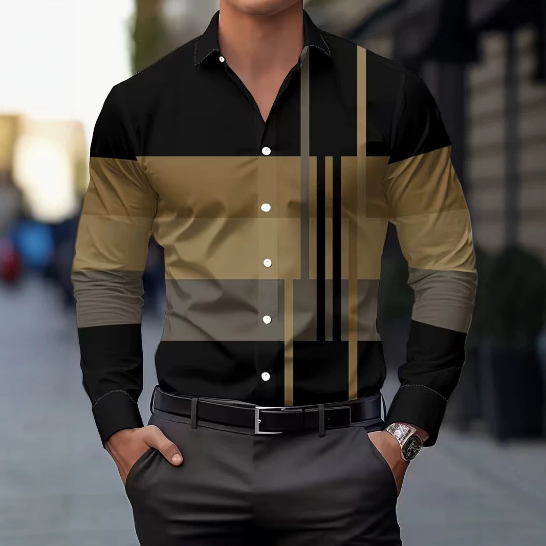 Casual Men's Long Sleeve Shirt With 3D Print Pattern In Polyester Featuring Placket