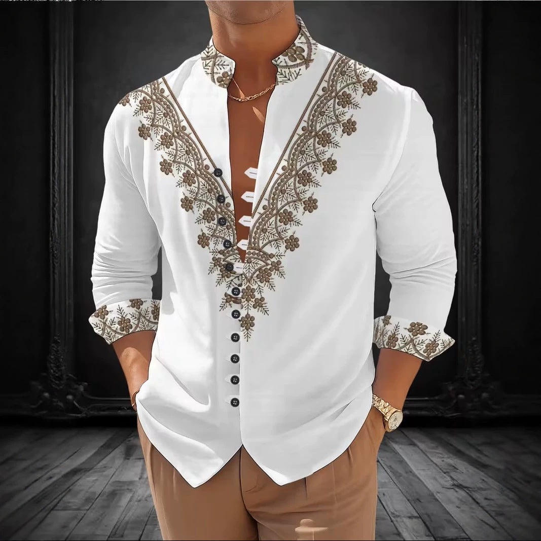 Color Block Long Sleeve Chinoiserie Shirt For Men With Printing On Polyester Fabric And Standing Collar