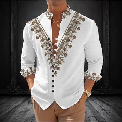 Color Block Long Sleeve Chinoiserie Shirt For Men With Printing On Polyester Fabric And Standing Collar