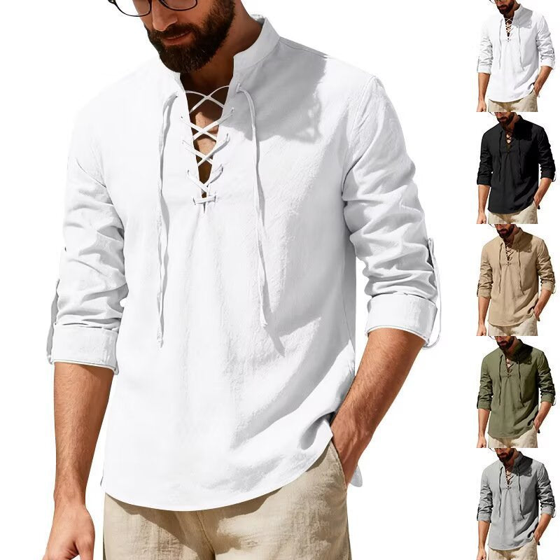 Vintage Style Men's Long Sleeve Polyester Shirt With Front Tie And Lapel Collar Pullover