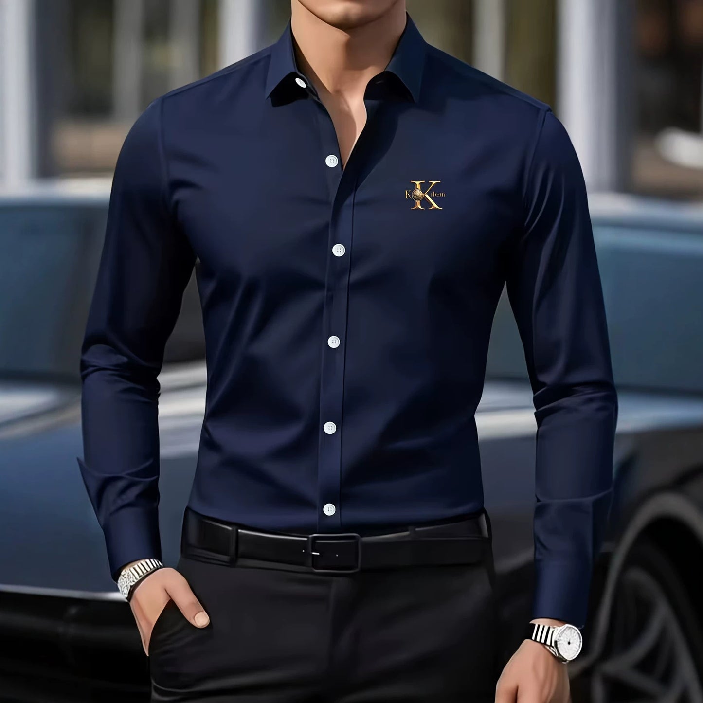 Solid Color Men's Business Shirt With Long Sleeves, 3D Print Craftsmanship, Polyester Fabric, And Lapel Collar