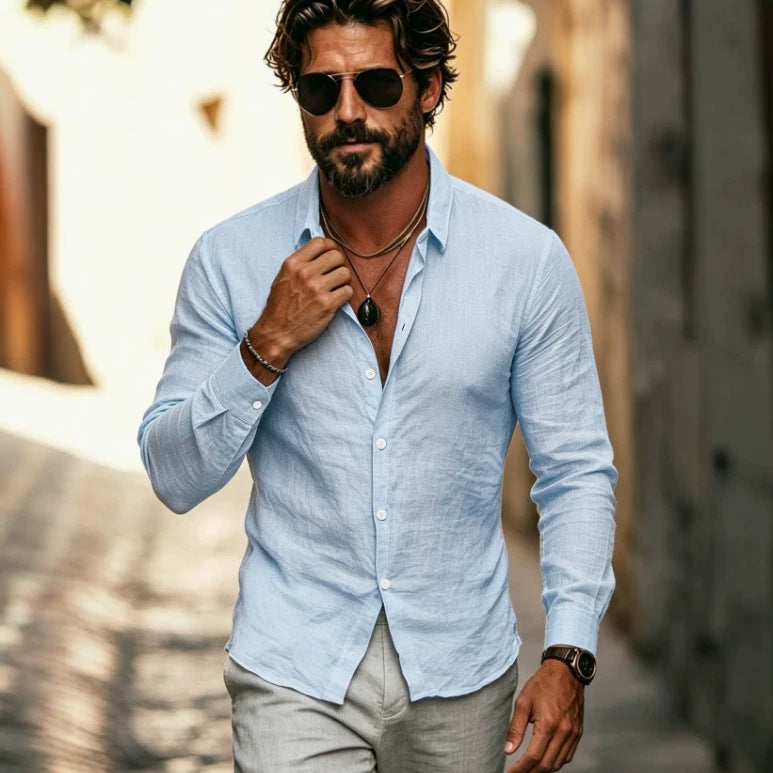 Solid Color Casual Long Sleeve Men's Shirt In Cotton With Lapel Collar And Placket