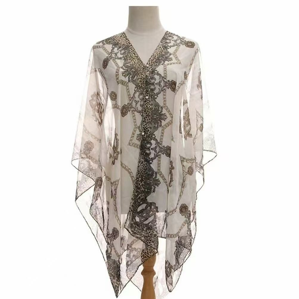 Women’s Chiffon Shawl With Chains Print In Navy Blue, Perfect For Summer
