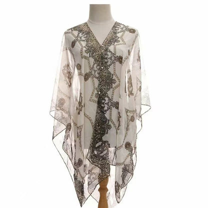 Women’s Chiffon Shawl With Chains Print In Navy Blue, Perfect For Summer