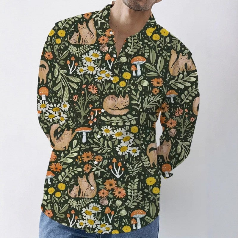 Forest Pattern Long Sleeve Streetwear Shirt For Men In Polyester Fabric Featuring Printing And Single Breasted Design