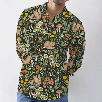 Forest Pattern Long Sleeve Streetwear Shirt For Men In Polyester Fabric Featuring Printing And Single Breasted Design