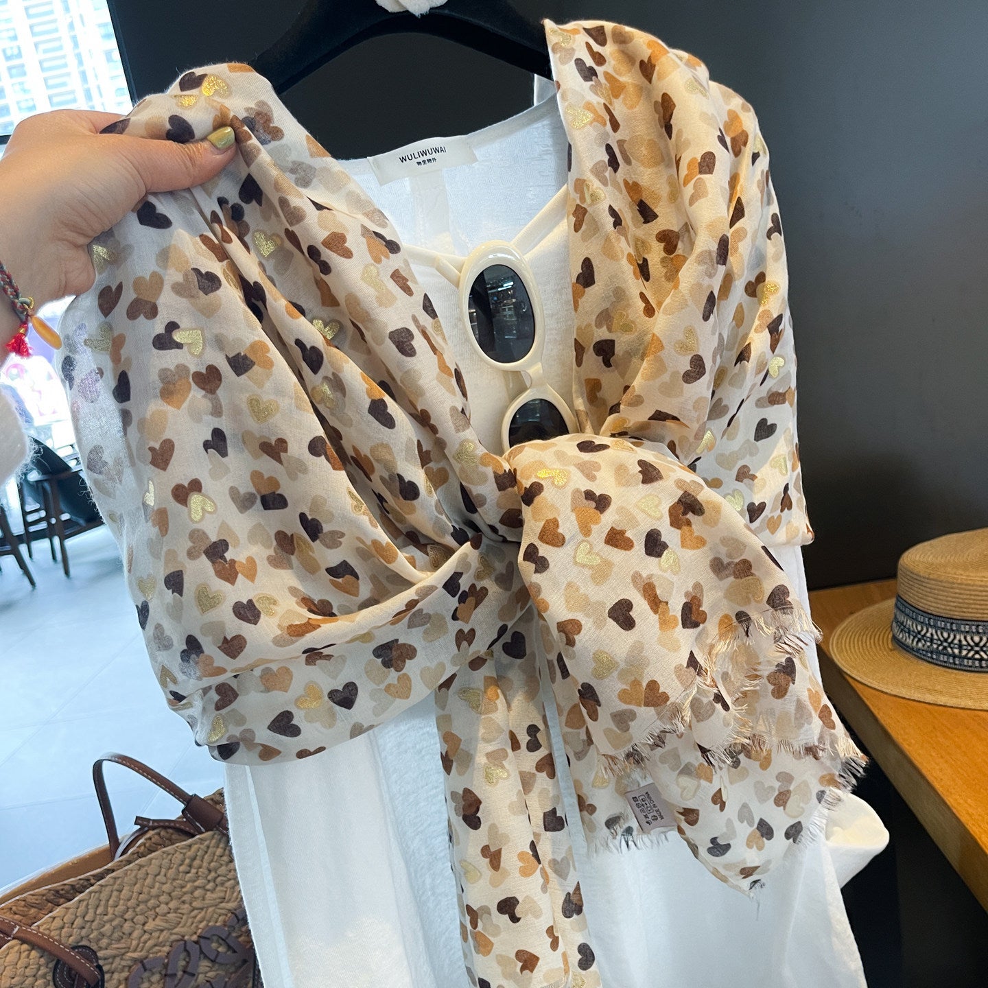 Heart Shape Cotton And Linen Shawl For Women In Caramel, Perfect For Spring & Summer