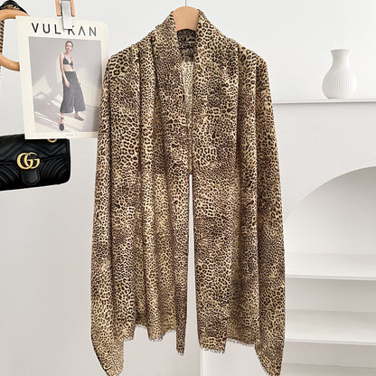 Retro Leopard Print Scarf For Women In Khaki, Lightweight Polyester Silk Scarf Perfect For Summer